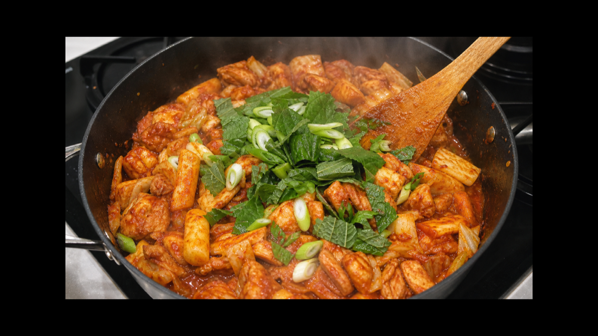 완전히 익은 닭갈비에 깻잎과 대파를 넣어 마무리하는 모습
