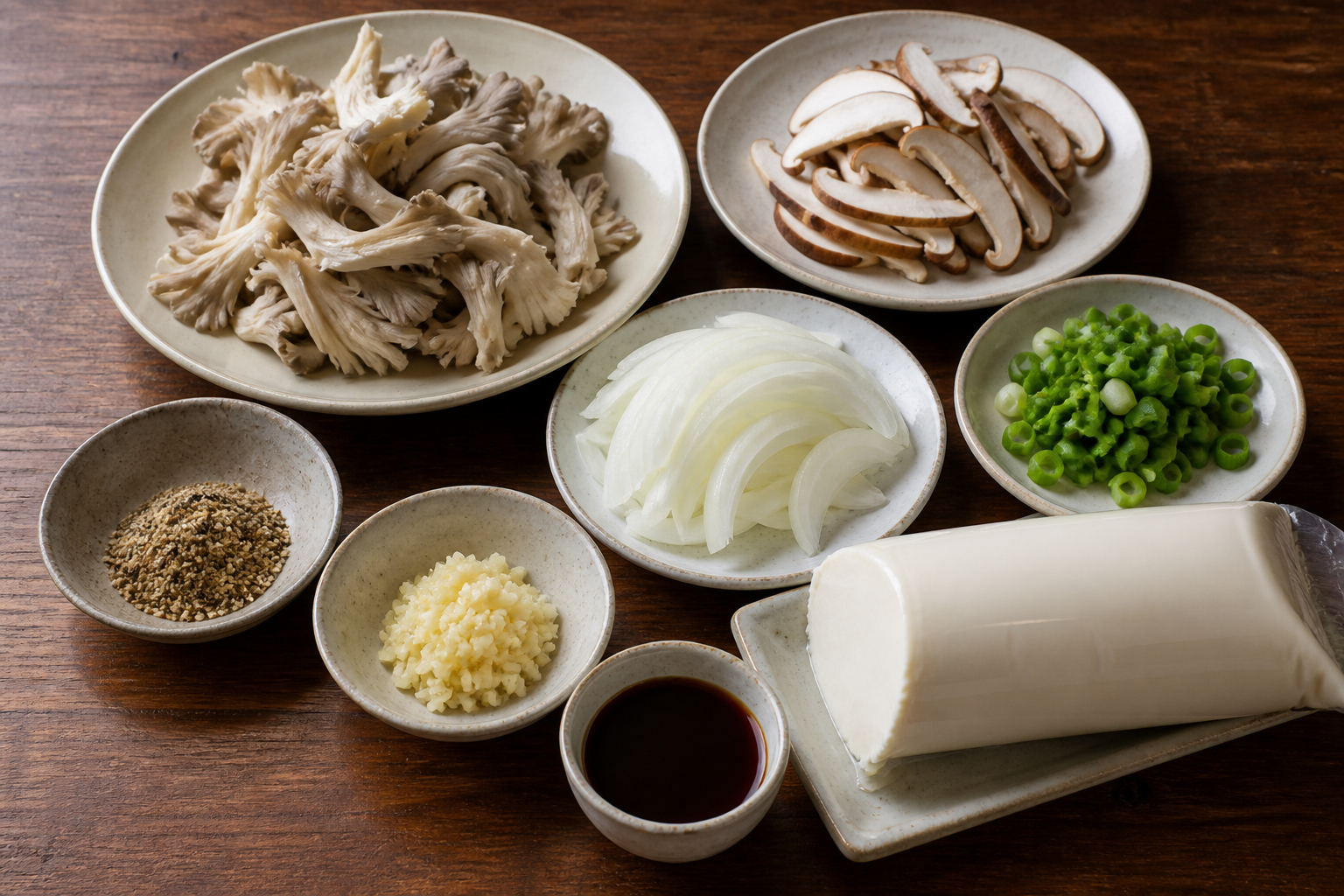 느타리버섯과 표고버섯, 양파, 대파, 순두부와 양념을 손질해 준비한 모습