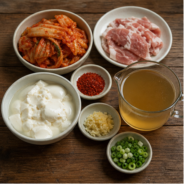 김치 순두부찌개를 위한 김치, 돼지고기, 순두부, 육수와 양념 재료