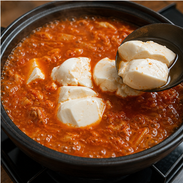 끓는 찌개에 순두부를 큼직하게 넣는 과정