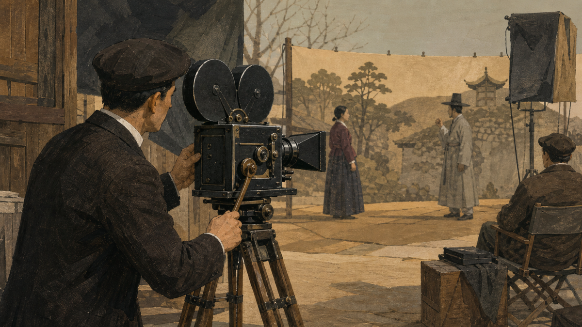 1910년대 야외 촬영장에서 손으로 크랭크를 돌리는 카메라 기사