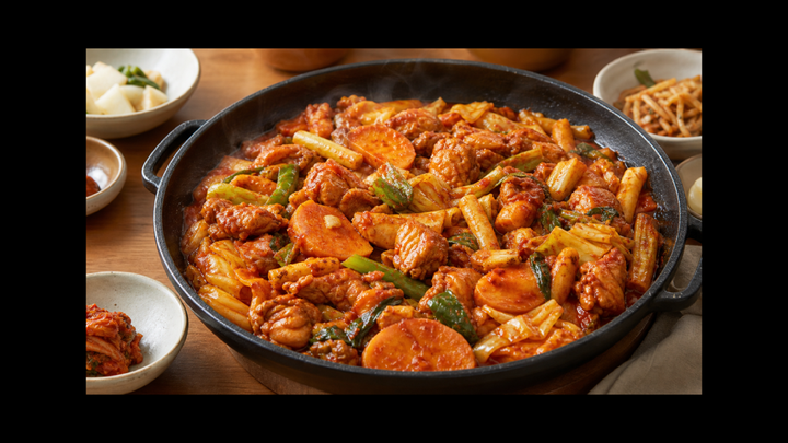 양배추와 고구마, 떡, 깻잎을 넣어 매콤하게 볶은 춘천식 닭갈비