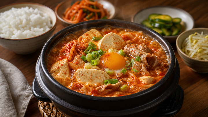 뚝배기에서 끓고 있는 김치 순두부찌개와 밥, 반찬